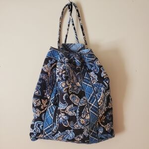 Vera Bradley Drawstring Shoe Bag Purse Backpack Lined Plaid Paisley Blue